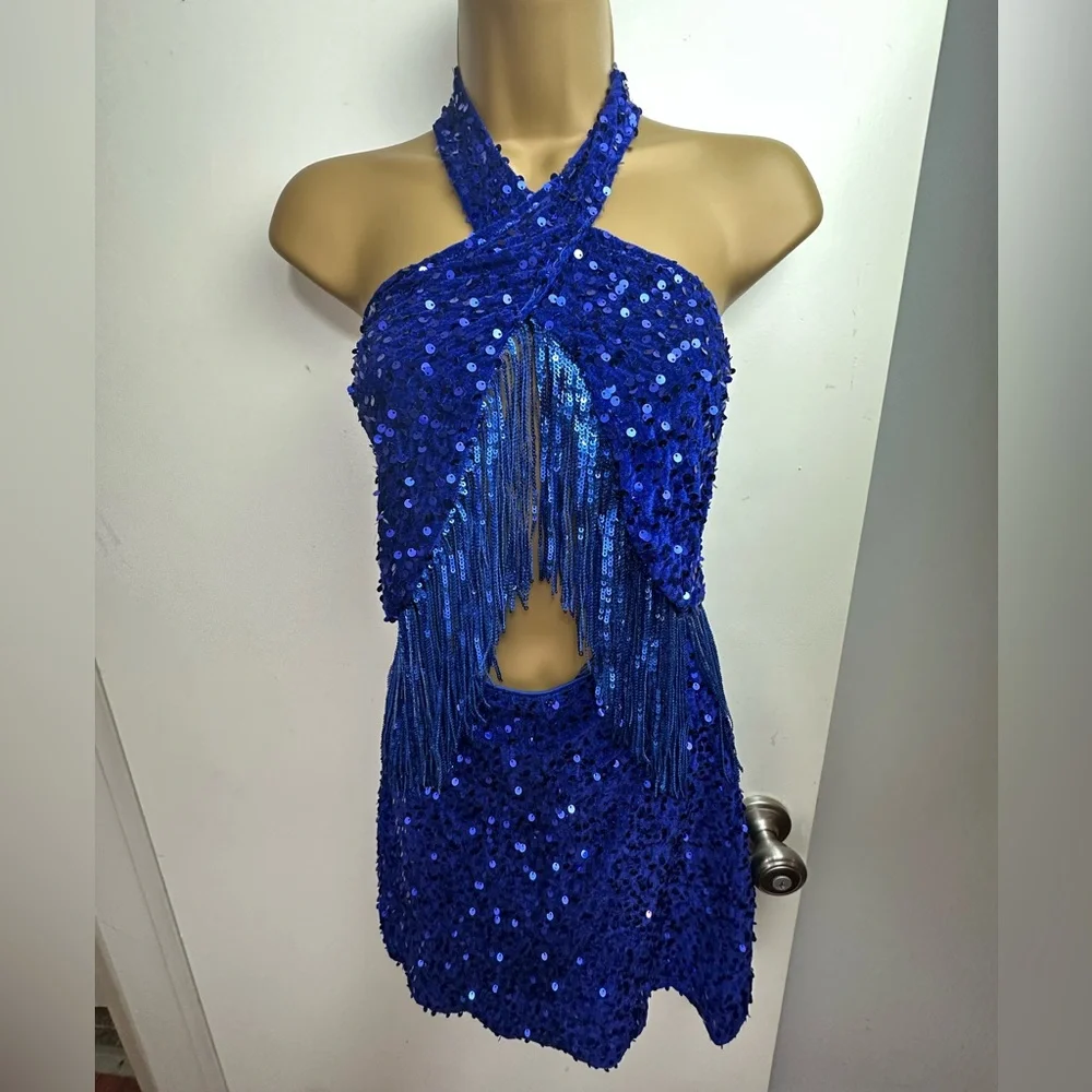 Lulus Royal Blue Elevated Dazzle Velvet Sequin Fringe Halter Mini Dress NWT L - Picture 6 of 16